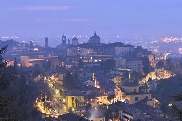 Twilight view of upper city of Bergamo, Lombardy, Italy, Europe