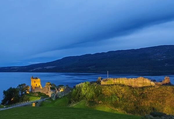 Twilight view of Urquhart Castle and Loch Ness, Highlands, Scotland, United Kingdom