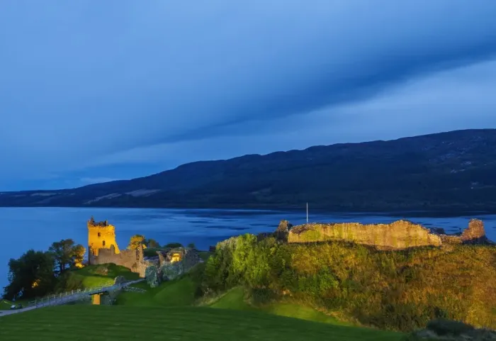 Framed Print : Twilight view of Urquhart Castle and Loch Ness, Highlands, Scotland, United Kingdom Framed Print : Twilight view of Urquhart Castle and Loch Ness, Highlands, Scotland, United Kingdom