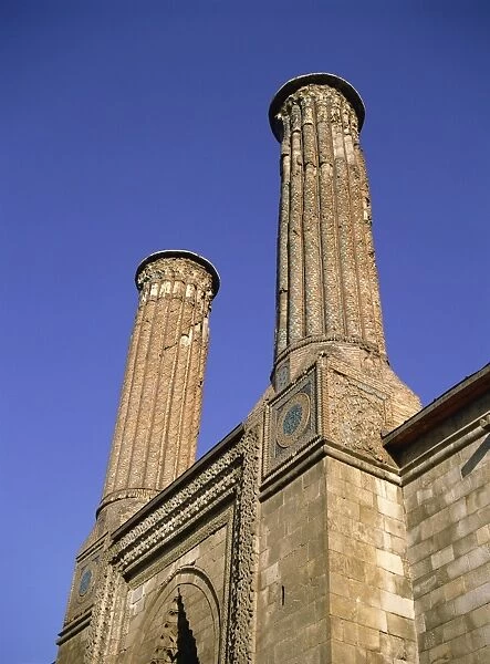 Twin minarets of Cifte Minare Medresse, Erzurum, Anatolia, Turkey, Asia Minor, Eurasia