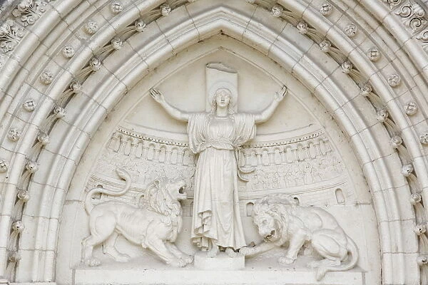 Tympanum depicting the martyr St. Blandine with lions, Lyon, Rhone, France, Europe
