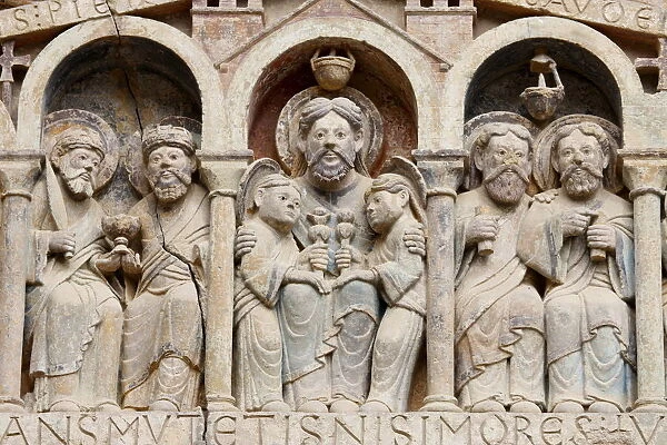 Tympanum showing Abraham, Sainte Foy Abbey church, Conques, Aveyron, Massif Central