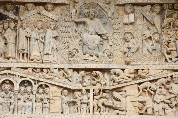 Framed Print : Tympanum showing Christ in Glory and the Last Judgment, Sainte Foy Abbey church, Conques Framed Print : Tympanum showing Christ in Glory and the Last Judgment, Sainte Foy Abbey church, Conques