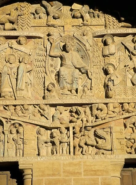 Tympanum above west door of abbey church of Ste. Foy (on the pilgrimage route to Santiago de Compostela) of Christ and the Last Judgement, UNESCO World Heritage Site, Conques, Midi-Pyrenees