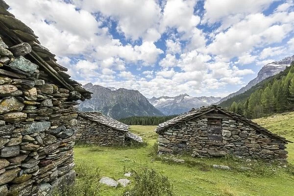 Typical alpine stone huts, Entova Alp, Malenco Valley, Sondrio province, Valtellina