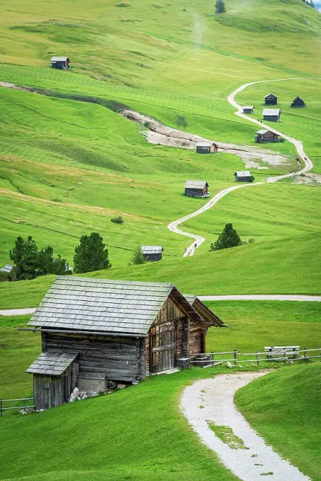 Framed Print : Typical alpine wooden mountain huts on green fields, Dolomites, Puez Odle, Bolzano district, South Tyrol, Italy, Europe Framed Print : Typical alpine wooden mountain huts on green fields, Dolomites, Puez Odle, Bolzano district, South Tyrol, Italy, Europe
