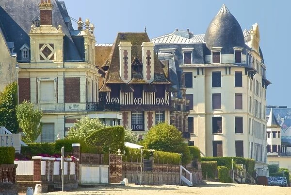 Typical beach villas and hotel, along the beach, Trouville sur Mer, Normandy, France