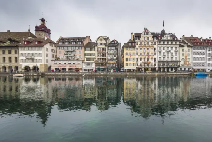 Framed Print : The typical buildings of the old medieval town are reflected in River Reuss, Lucerne Framed Print : The typical buildings of the old medieval town are reflected in River Reuss, Lucerne