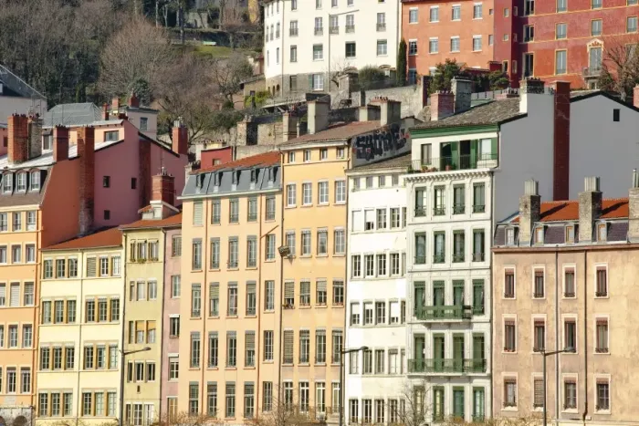 Framed Print : Typical colourful building facades facing onto the River Saone in Lyon, Rhone-Alpes, France, Europe