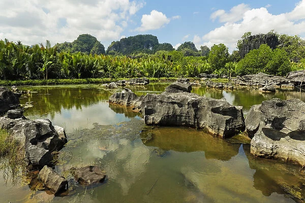 Typical eroded limestone outcrops and lake in karst region, Rammang-Rammang, Maros