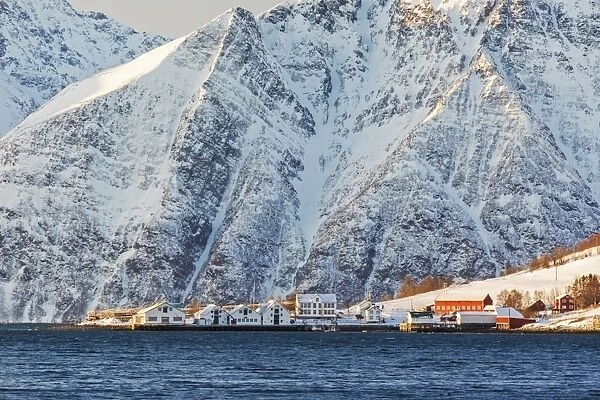 The typical fishing village of Hamnes framed by snowy peaks and the cold sea, Lyngen Alps