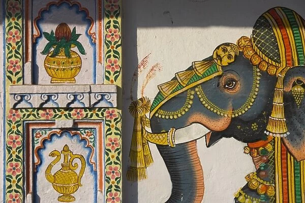 Typical house decorated with Mewar folk art of elephant