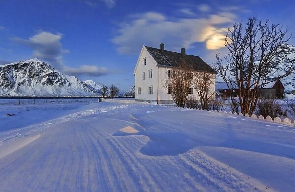 Typical house surrounded by snow on a cold winter day at dusk, Flakstad, Lofoten Islands