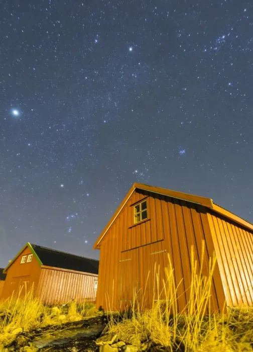 Framed Print : Typical houses of the fishermen under the stars, Froya Island, Trondelag, Norway Framed Print : Typical houses of the fishermen under the stars, Froya Island, Trondelag, Norway