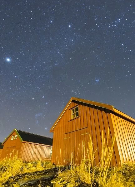 Typical houses of the fishermen under the stars, Froya Island, Trondelag, Norway
