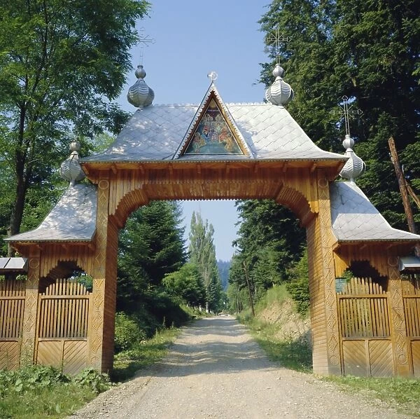 Typical Moldavian gateway, Horaita Monastery, Moldavia, Romania