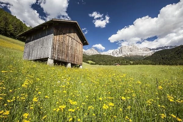 A typical mountain hut in the Tires Valley, by the Catinaccio Group and Lake Carezza in the Dolomites, South Tyrol, Italy, Europe