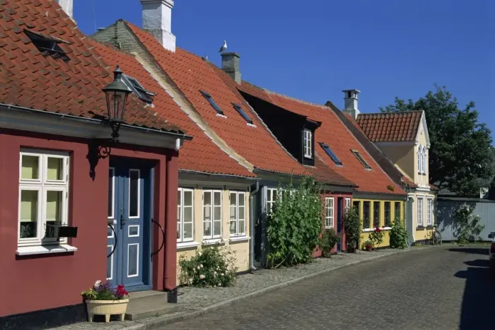 Framed Print : Typical painted housing with tiled roofs, Aeroskobing village, Aero Island Framed Print : Typical painted housing with tiled roofs, Aeroskobing village, Aero Island