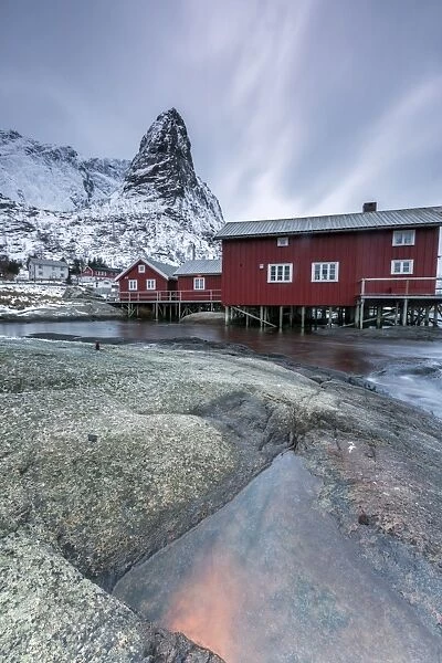 Typical red houses of fishermen called Rorbu, Reine. Lofoten Islands, Northern Norway