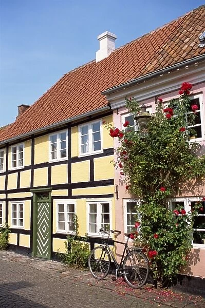 Typical street of pastel houses, Aeroskobing, Aero, Denmark, Scandinavia, Europe
