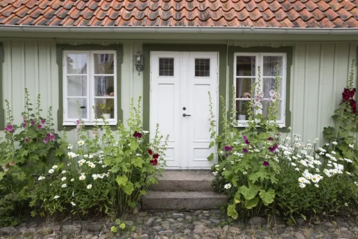 Framed Print : Typical Swedish cottage facade with hollyhocks, Arild, Kulla Peninsula, Skane, South Sweden Framed Print : Typical Swedish cottage facade with hollyhocks, Arild, Kulla Peninsula, Skane, South Sweden