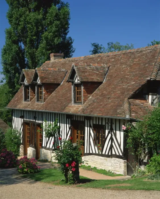 Framed Print : Typical timbered cottage in summer near St. Pierre sur Dives in the Calvados region of Basse Normandie Framed Print : Typical timbered cottage in summer near St. Pierre sur Dives in the Calvados region of Basse Normandie