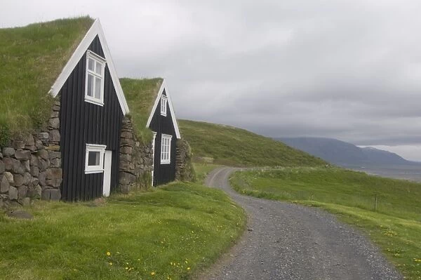 Typical, wooden turf houses covered with grass, Skaftafell National Park