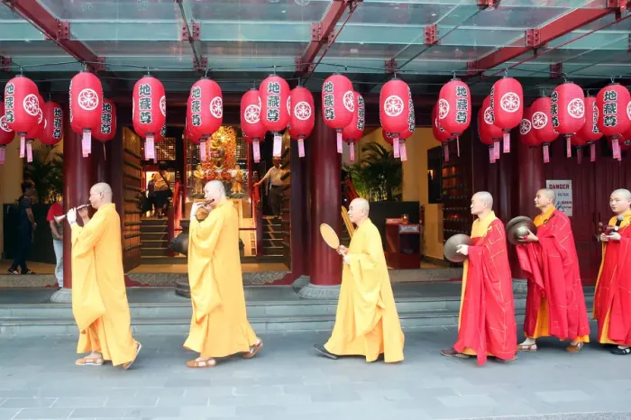Framed Print : Ullambana ceremony, Buddhist monks procession, Buddha Tooth Relic Temple, Chinatown
