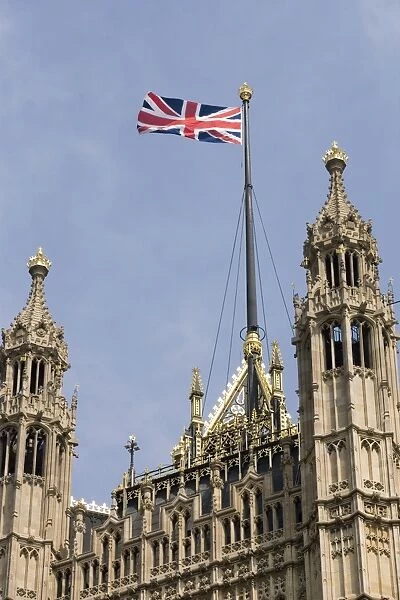 Union flag flying over the Palace of Westminster, Houses of Parliament
