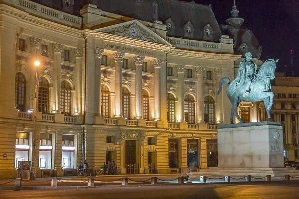 University Library and statue of King Carol I, Bucharest, Romania, Europe