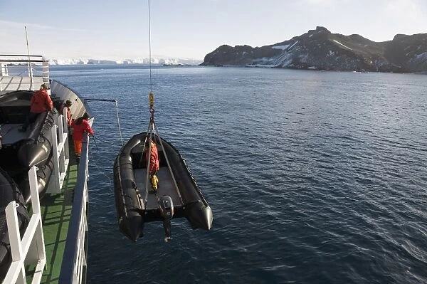 Unloading zodiac for landing on Gourdin Island, Antarctic Peninsula, Antarctica