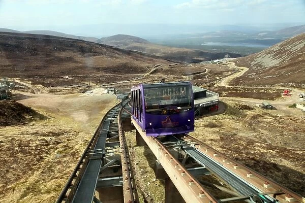 Uphill car is about to pass the downhill car on the Cairngorm funicular railway, Cairngorms, Scotland, United Kingdom, Europe