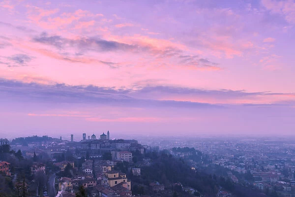 Upper city of Bergamo during sunrise, Bergamo, Lombardy, Italy, Europe