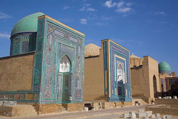 Usto Ali Nasafi Mausoleum on the left, Middle Complex, Shah-I-Zinda, UNESCO World Heritage Site, Samarkand, Uzbekistan, Central Asia, Asia