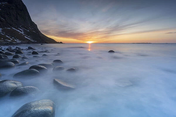 Uttakleiv beach at sunset, Vestvagoy, Nordland county, Lofoten Islands, Norway, Scandinavia, Europe