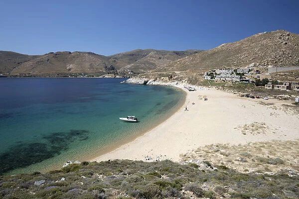 Vagia beach with view of Coco Mat Hotel on south coast, Serifos, Cyclades, Aegean Sea