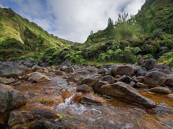 Vale das Lambadas, a remote valley with a river full of minerals and iron (rusty color), Sao Miguel island, The Azores, Portugal, Atlantic