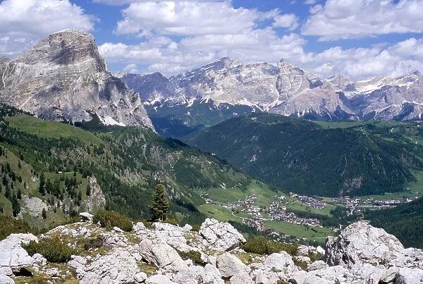 Valley east of Gardena Pass with villages of Colfosco