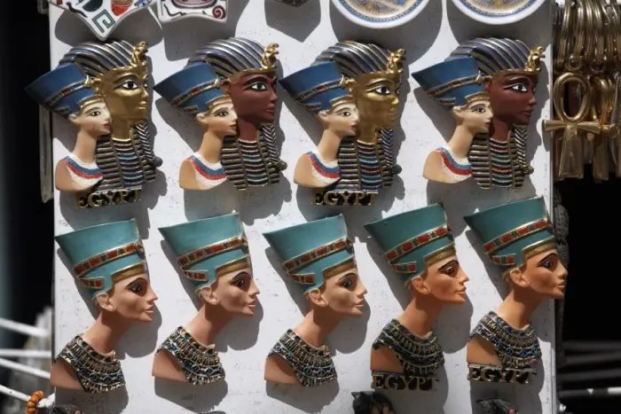 Framed Print : Various Egyptian badges depicting pharaohs, on sale at Aswan Souq, Aswan Framed Print : Various Egyptian badges depicting pharaohs, on sale at Aswan Souq, Aswan