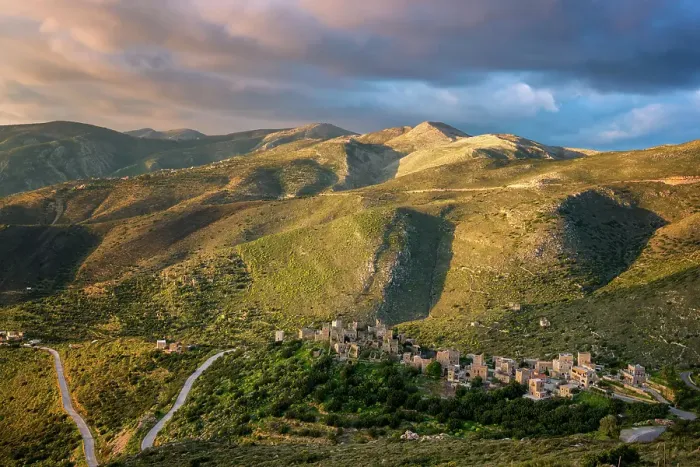Framed Print : Vathia, abandoned village in the mountains of Mani Peninsula at sunset, Peloponnese, Greece Framed Print : Vathia, abandoned village in the mountains of Mani Peninsula at sunset, Peloponnese, Greece