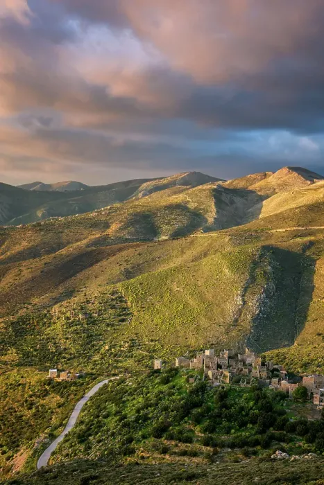 Framed Print : Vathia, abandoned village in the mountains of Mani Peninsula at sunset, Peloponnese, Greece Framed Print : Vathia, abandoned village in the mountains of Mani Peninsula at sunset, Peloponnese, Greece