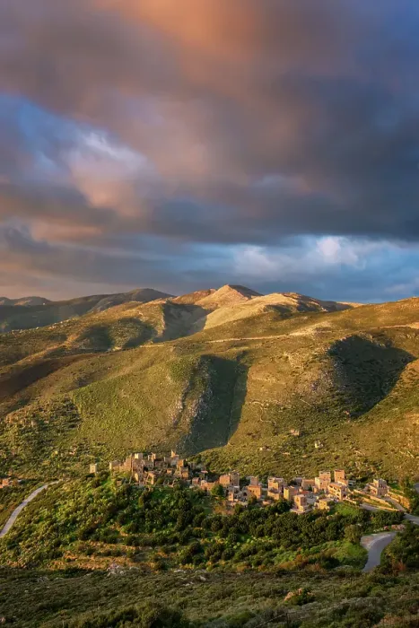 Framed Print : Vathia, abandoned village in the mountains of Mani Peninsula at sunset, Peloponnese, Greece Framed Print : Vathia, abandoned village in the mountains of Mani Peninsula at sunset, Peloponnese, Greece