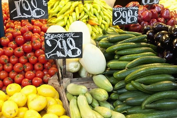 Vegetable display at Nagycsarnok Market, Budapest, Hungary, Europe