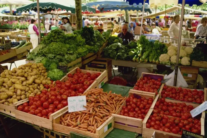 Framed Print : Vegetables including carrots, tomatoes and lettuce, for sale on market day at Euze Framed Print : Vegetables including carrots, tomatoes and lettuce, for sale on market day at Euze