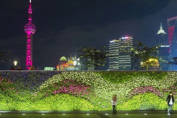 Vegetal wall on the Bund and view over Pudong financial district skyline at night