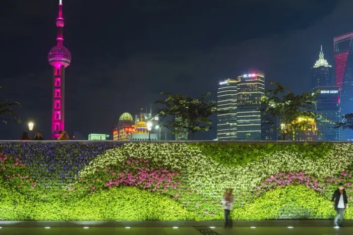 Framed Print : Vegetal wall on the Bund and view over Pudong financial district skyline at night Framed Print : Vegetal wall on the Bund and view over Pudong financial district skyline at night