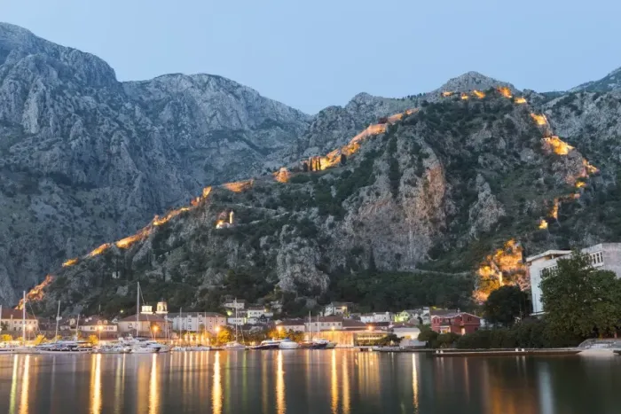 Framed Print : Venetian built fort with bastions highlighted by lights at twilight, Kotor, Montenegro Framed Print : Venetian built fort with bastions highlighted by lights at twilight, Kotor, Montenegro