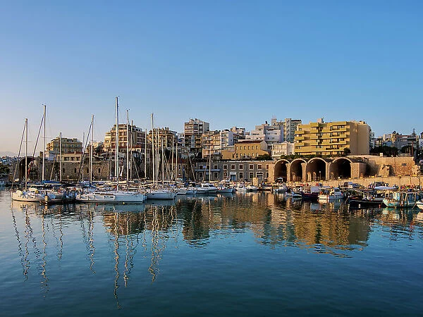 Venetian Dockyards at the Old Port, sunrise, City of Heraklion, Greek Islands, Greece, Europe
