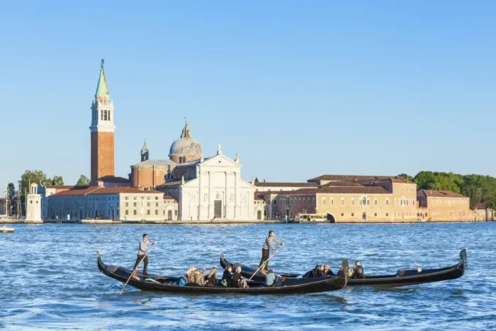 Framed Print : Venetian gondolas with tourists opposite the Island of San Giorgio Maggiore, on Framed Print : Venetian gondolas with tourists opposite the Island of San Giorgio Maggiore, on