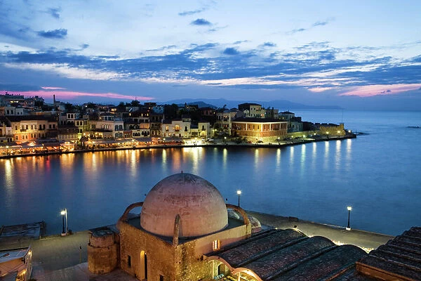Venetian Harbour and Mosque of the Janissaries at dusk, Chania (Hania), Chania region, Crete, Greek Islands, Greece, Europe